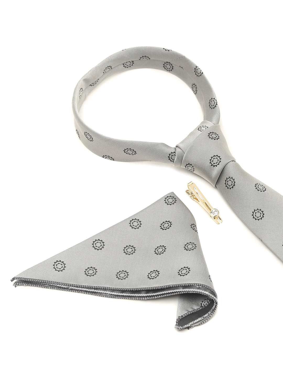 Polka Grey Luxury Italian Silk Necktie Set With Pocket Square Gold Tie pin