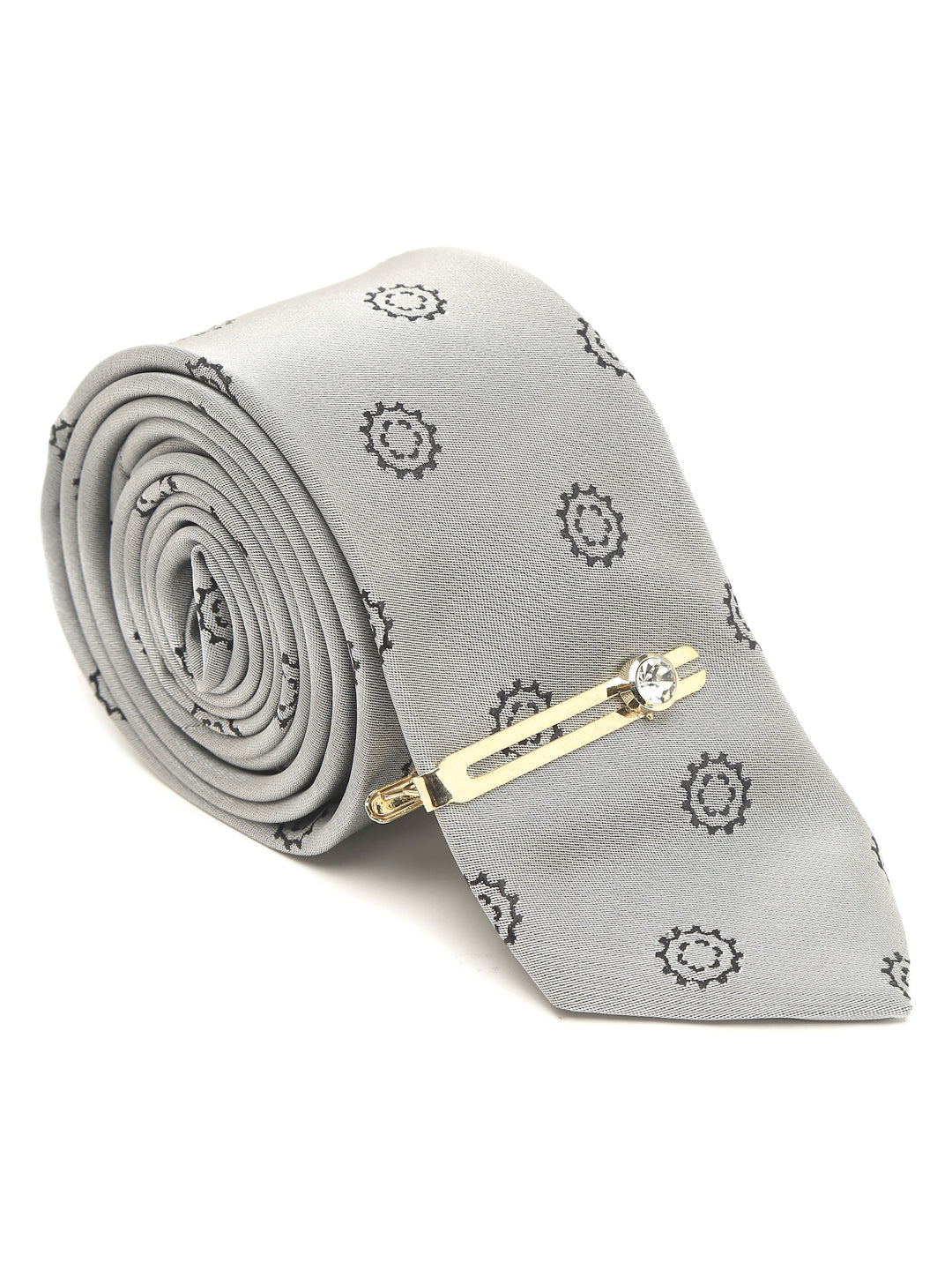 Polka Grey Luxury Italian Silk Necktie Set With Pocket Square Gold Tie pin