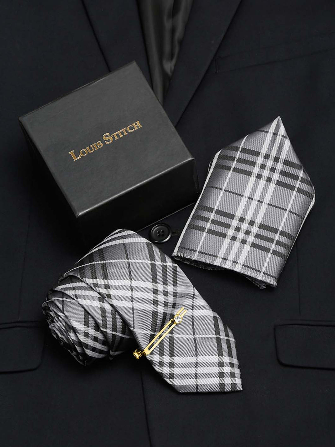 Steel Grey Italian Silk Necktie Set Pocket Square Golden Tiepin