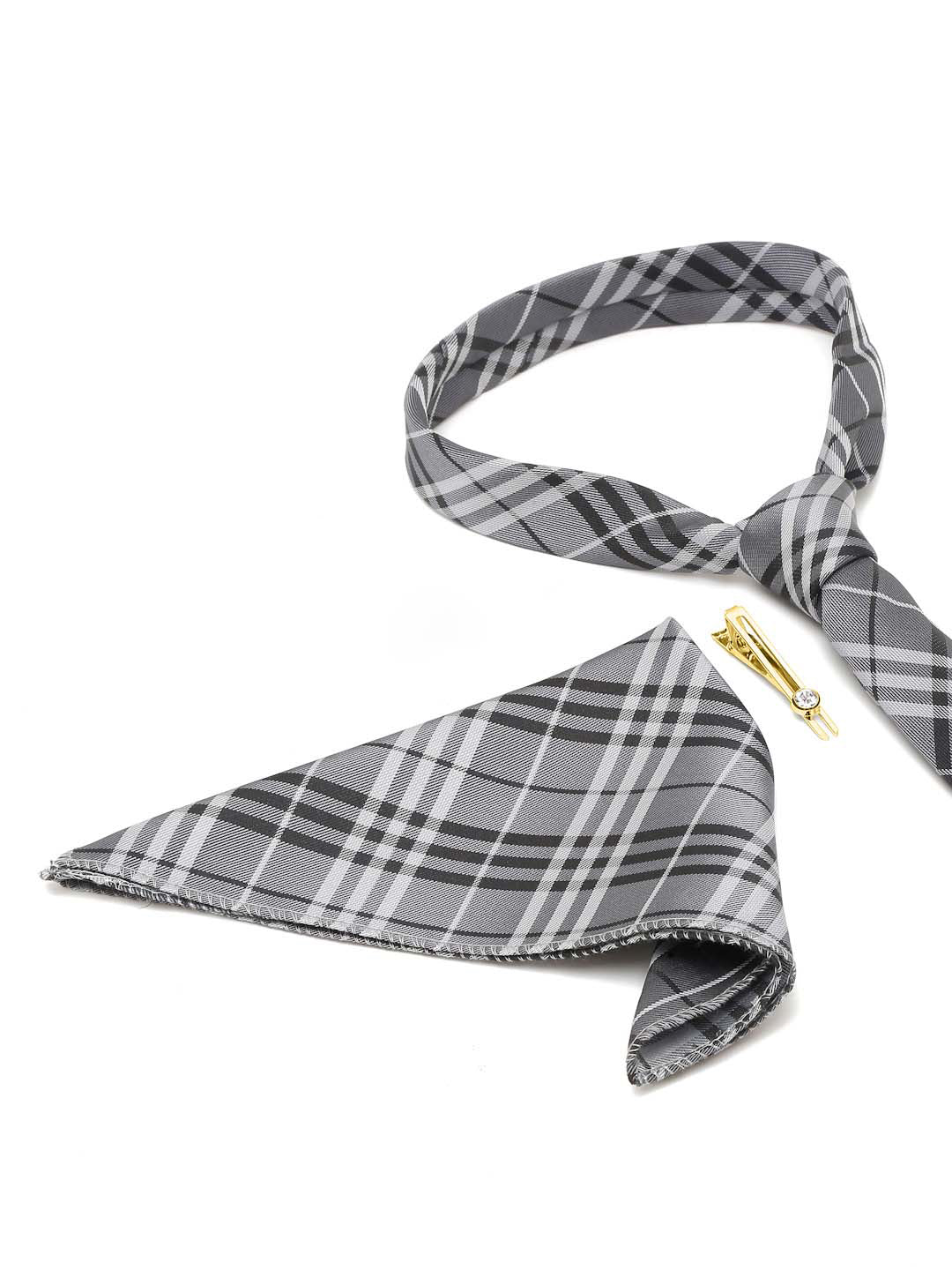 Steel Grey Italian Silk Necktie Set Pocket Square Golden Tiepin