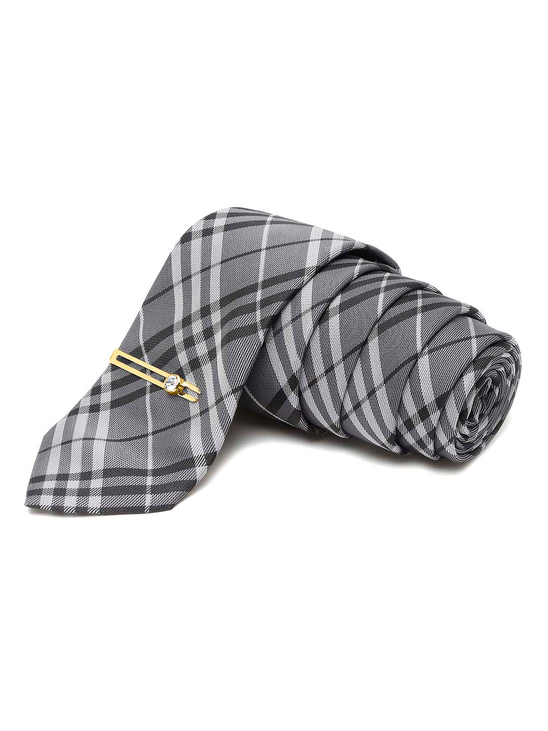 Steel Grey Italian Silk Necktie Set Pocket Square Golden Tiepin