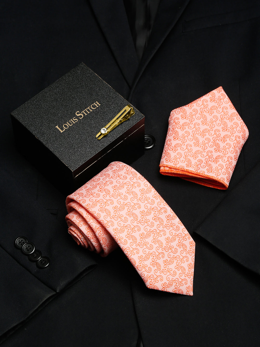 Coral Luxury Italian Silk Necktie Set With Pocket Square Gold Tie pin