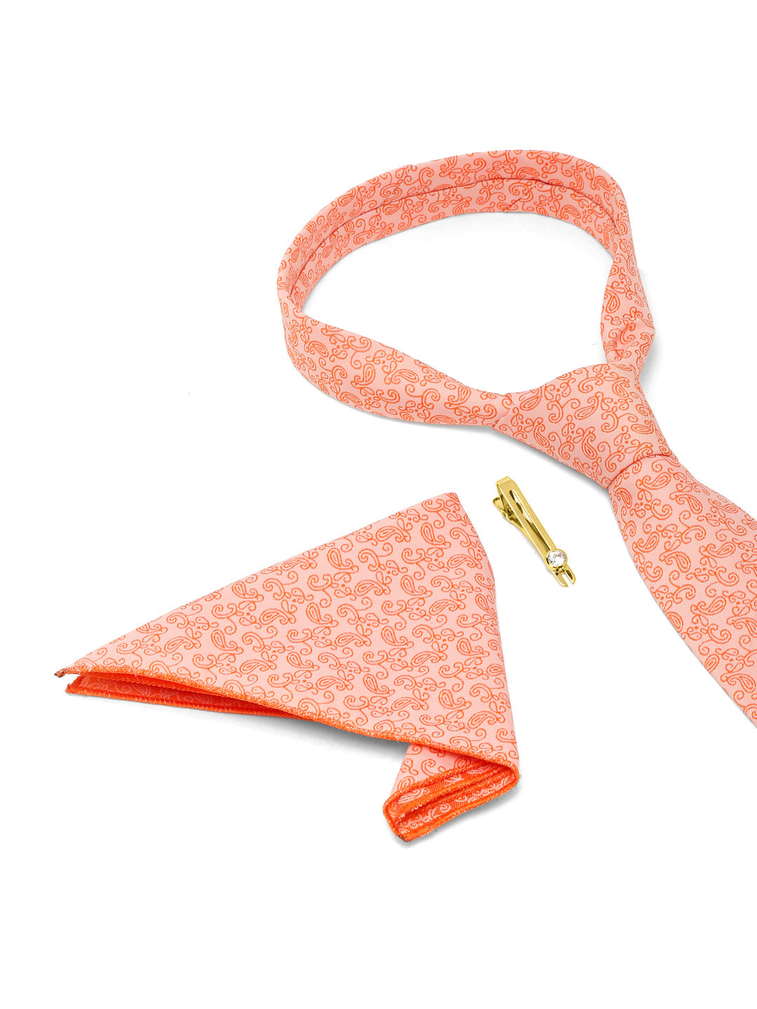 Coral Luxury Italian Silk Necktie Set With Pocket Square Gold Tie pin