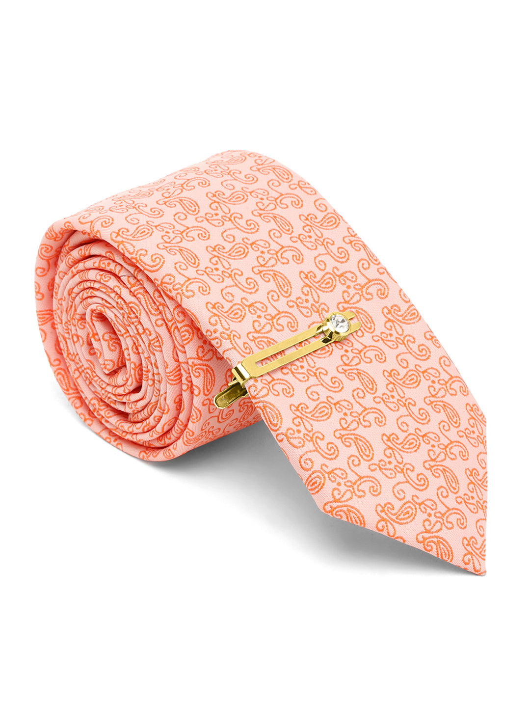 Coral Luxury Italian Silk Necktie Set With Pocket Square Gold Tie pin