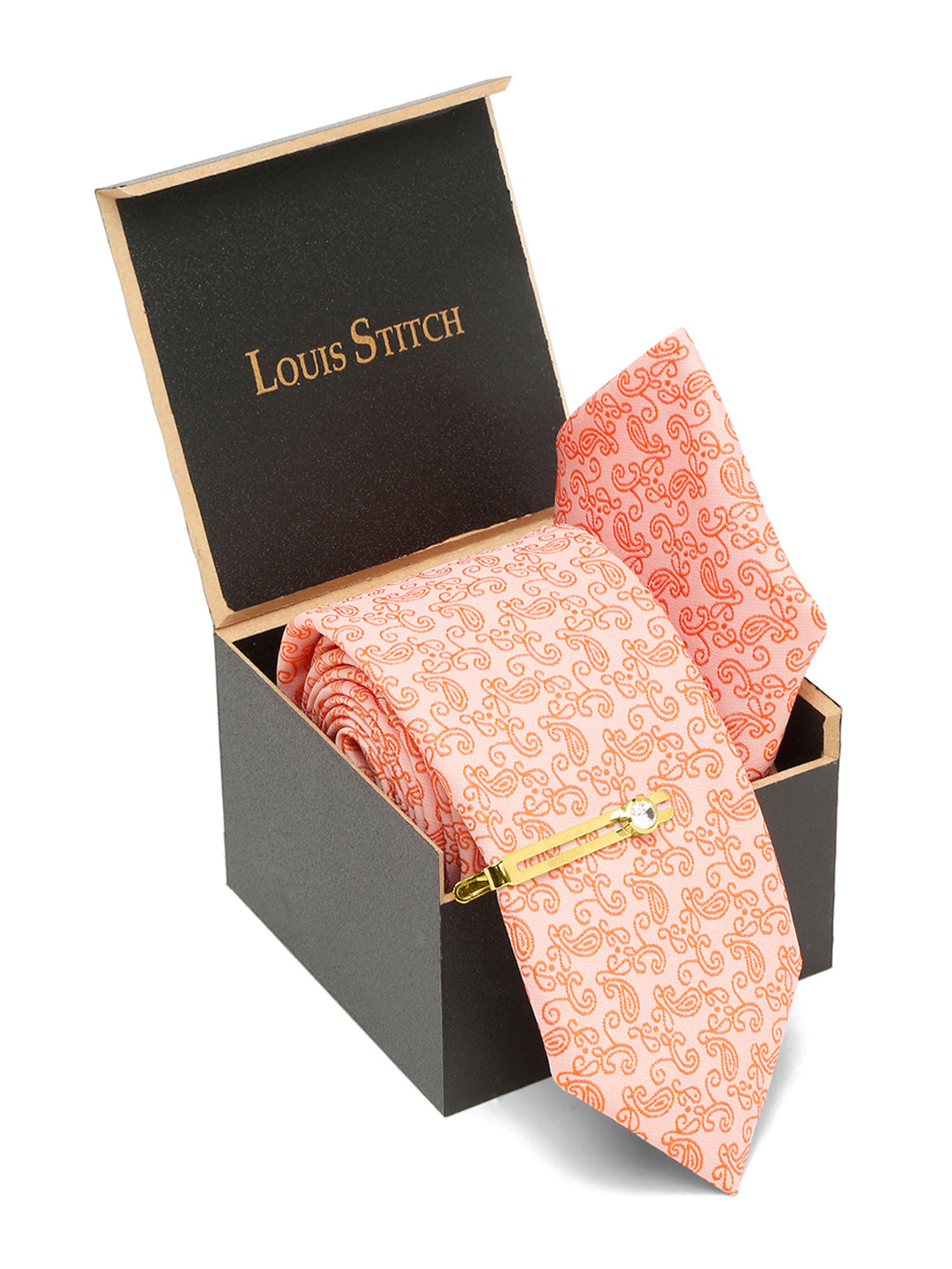 Coral Luxury Italian Silk Necktie Set With Pocket Square Gold Tie pin