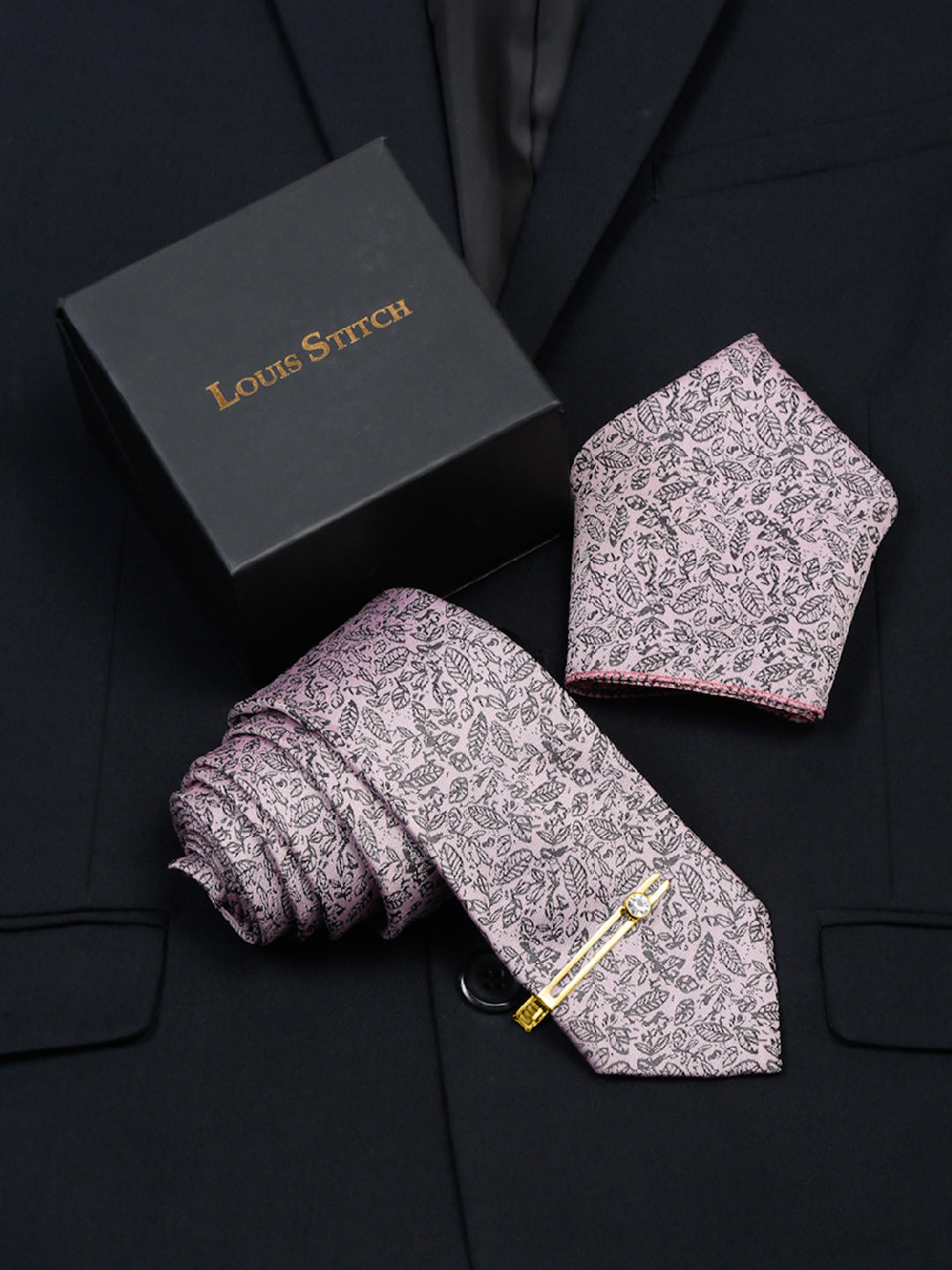 Baby Pink Luxury Italian Silk Necktie Set With Pocket Square Gold Tie pin