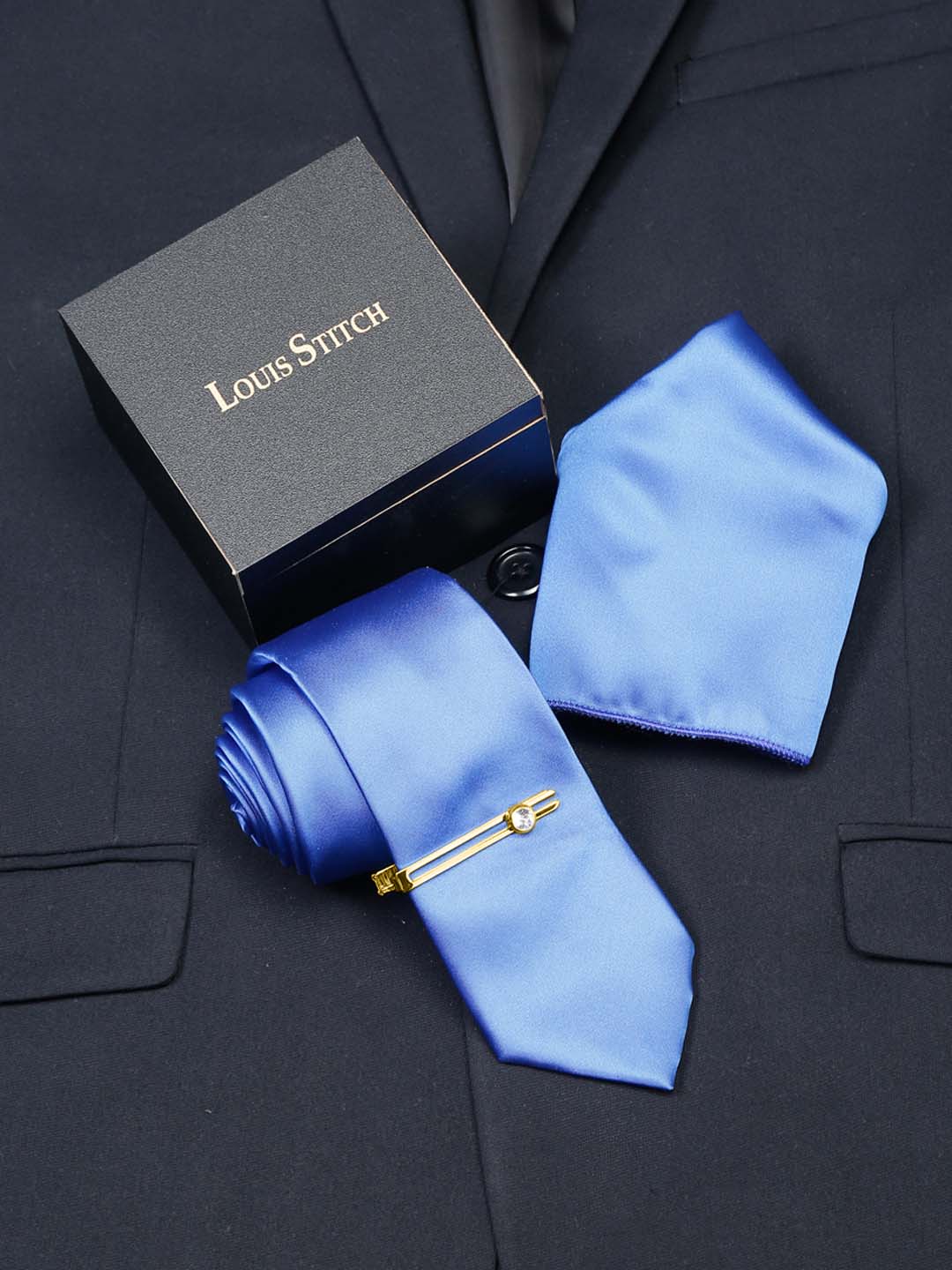 Spanish Blue Luxury Italian Silk Necktie Set With Pocket Square Gold Tie pin