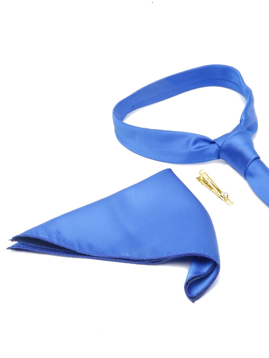 Spanish Blue Luxury Italian Silk Necktie Set With Pocket Square Gold Tie pin