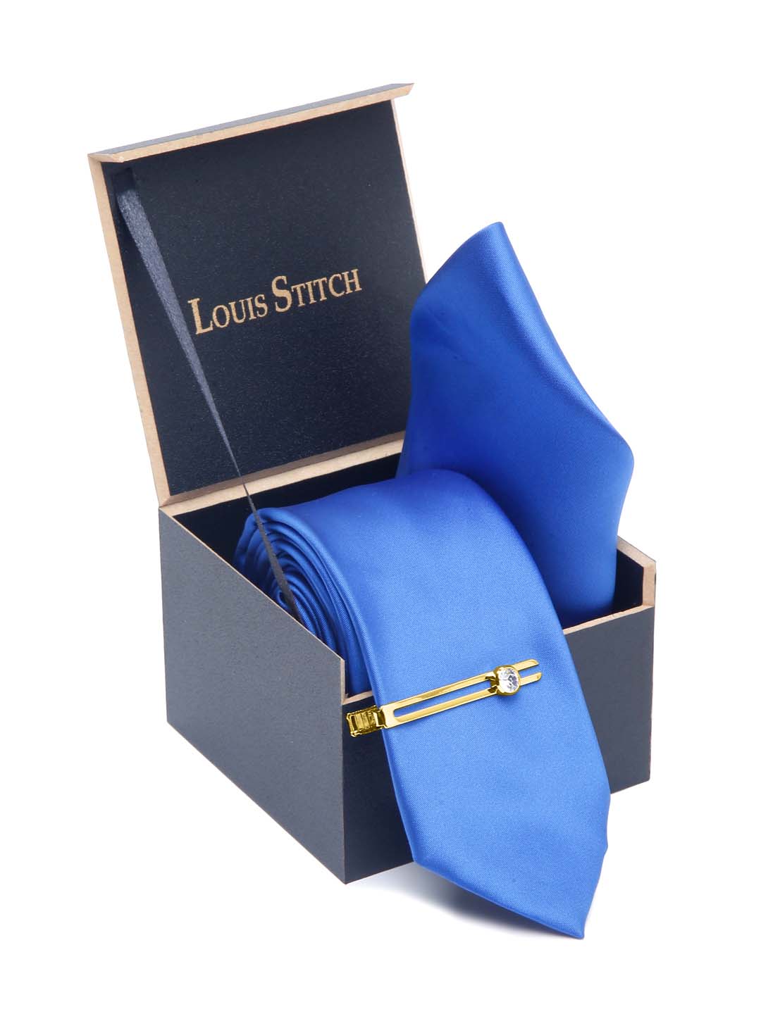 Spanish Blue Luxury Italian Silk Necktie Set With Pocket Square Gold Tie pin