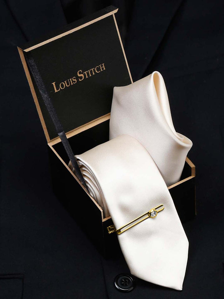  American Cream Luxury Italian Silk Necktie Set With Pocket Square Gold Tie pin