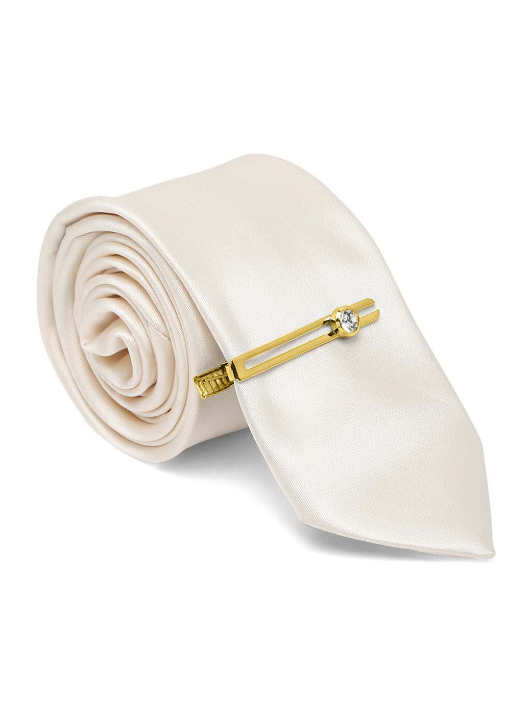 American Cream Luxury Italian Silk Necktie Set With Pocket Square Gold Tie pin