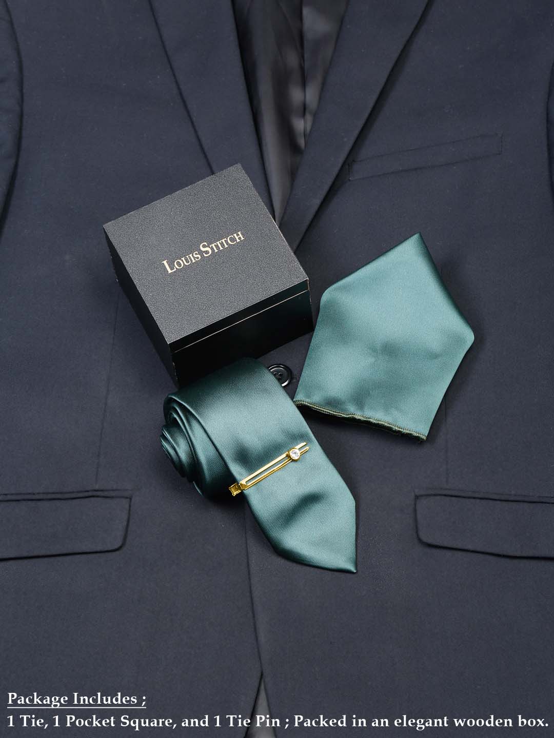 British Green Luxury Italian Silk Necktie Set With Pocket Square Gold Tie pin