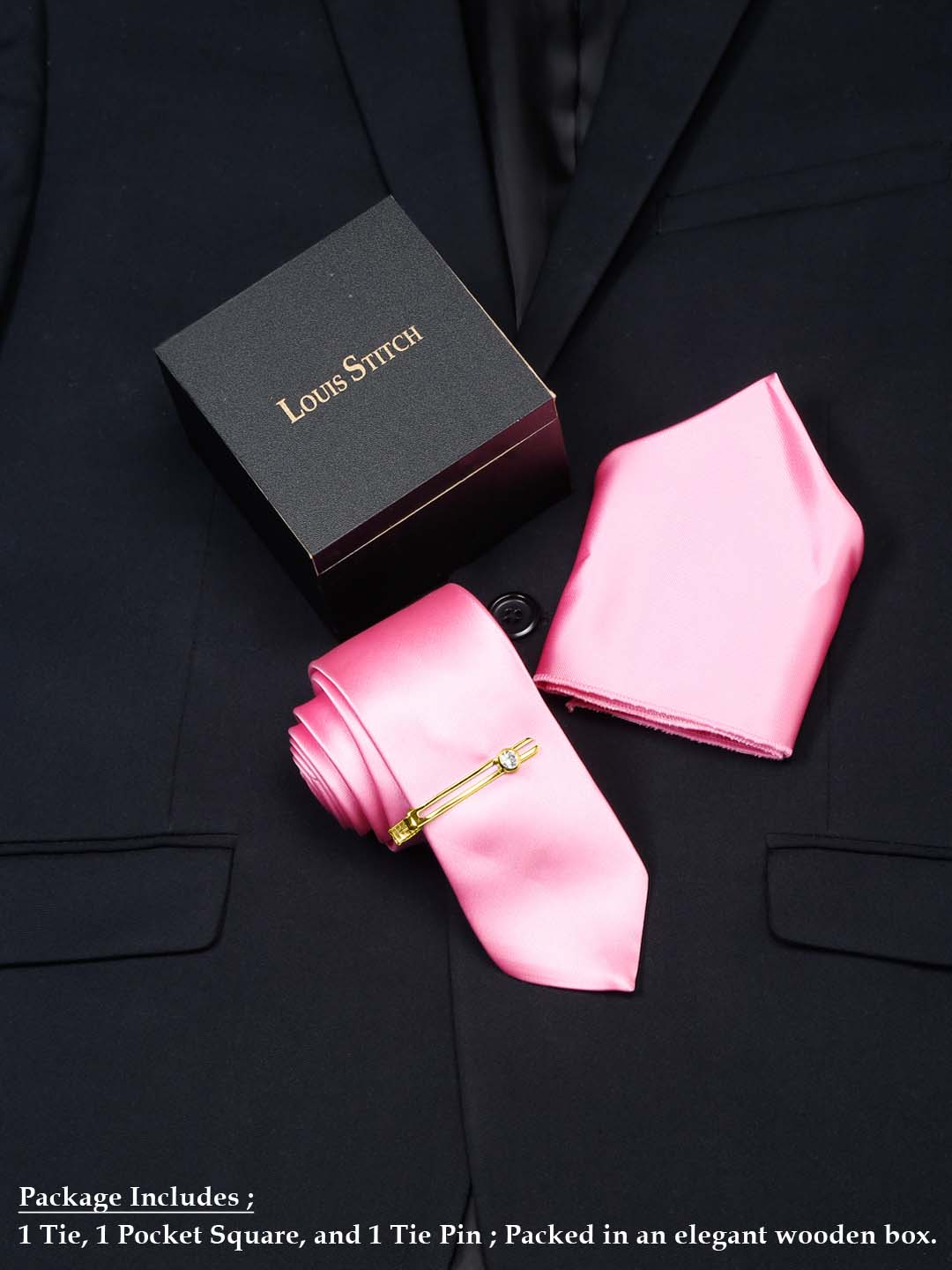 Premium Pink Luxury Italian Silk Necktie Set With Pocket Square Gold Tie pin