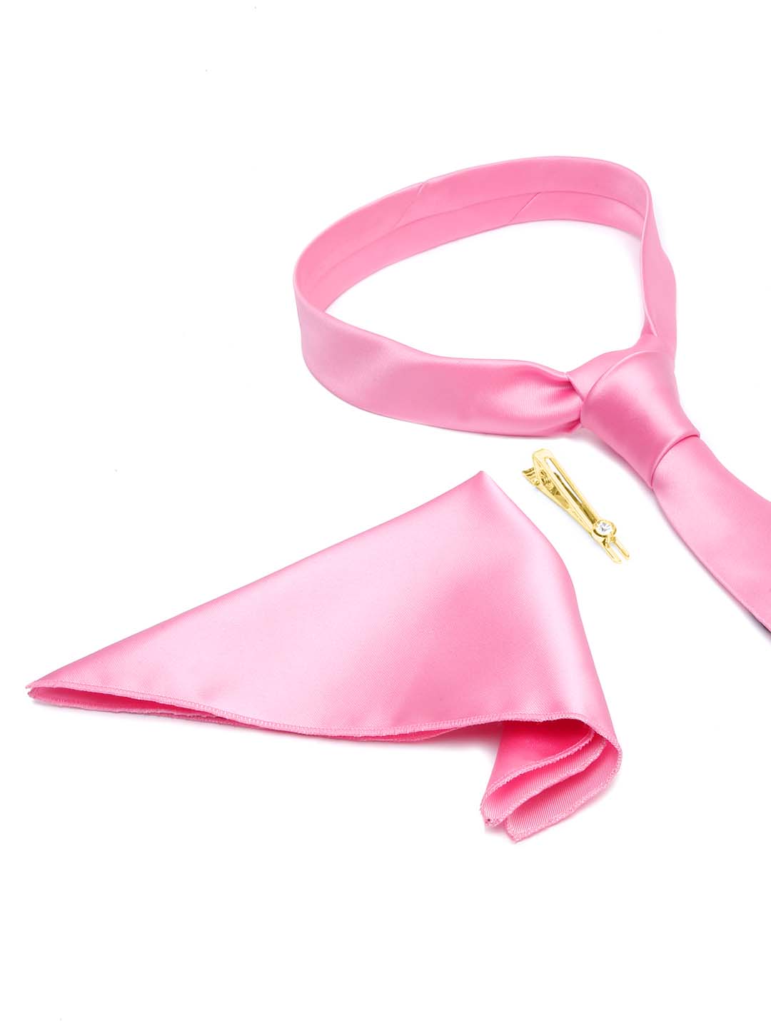 Premium Pink Luxury Italian Silk Necktie Set With Pocket Square Gold Tie pin