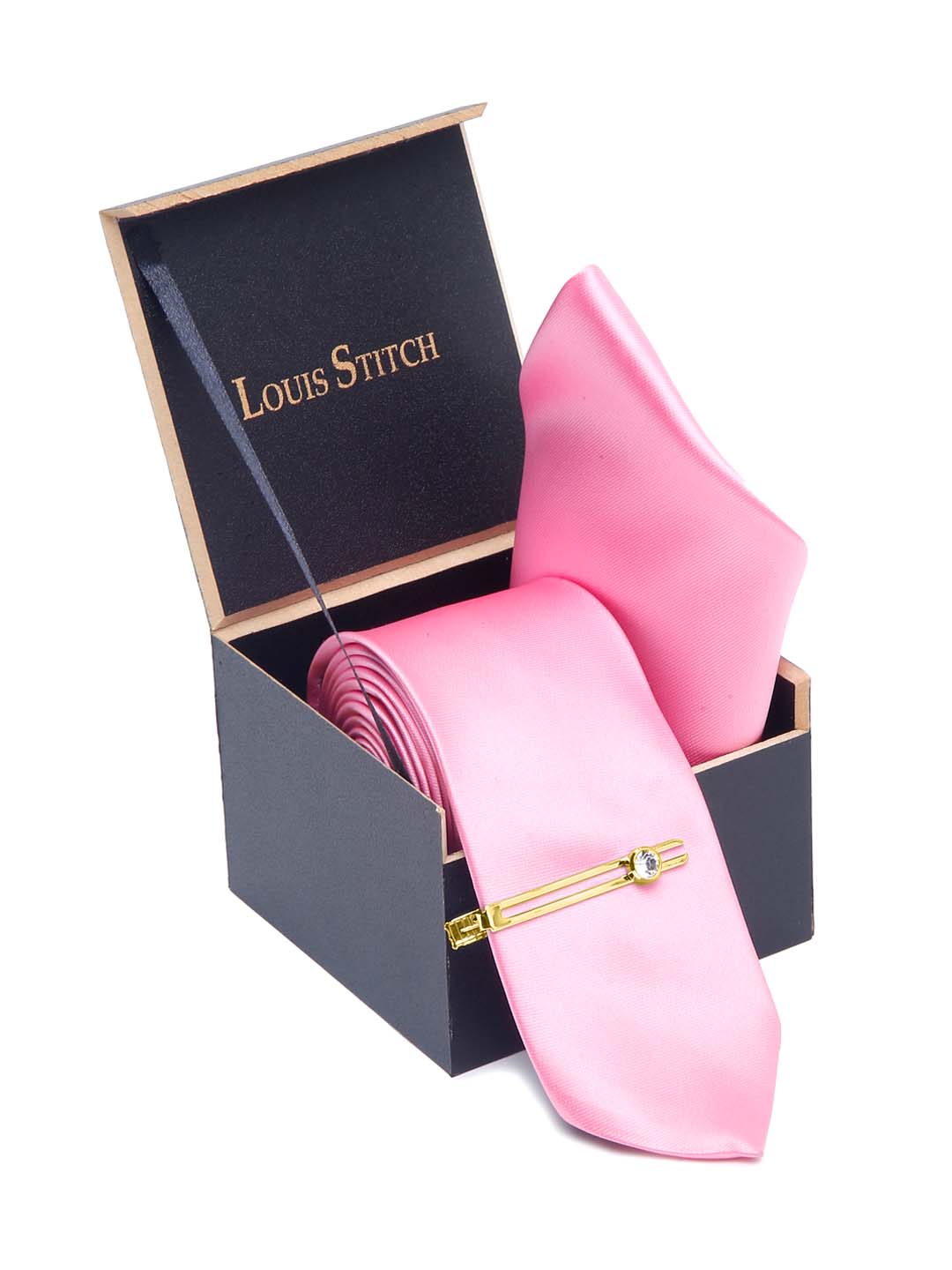 Premium Pink Luxury Italian Silk Necktie Set With Pocket Square Gold Tie pin