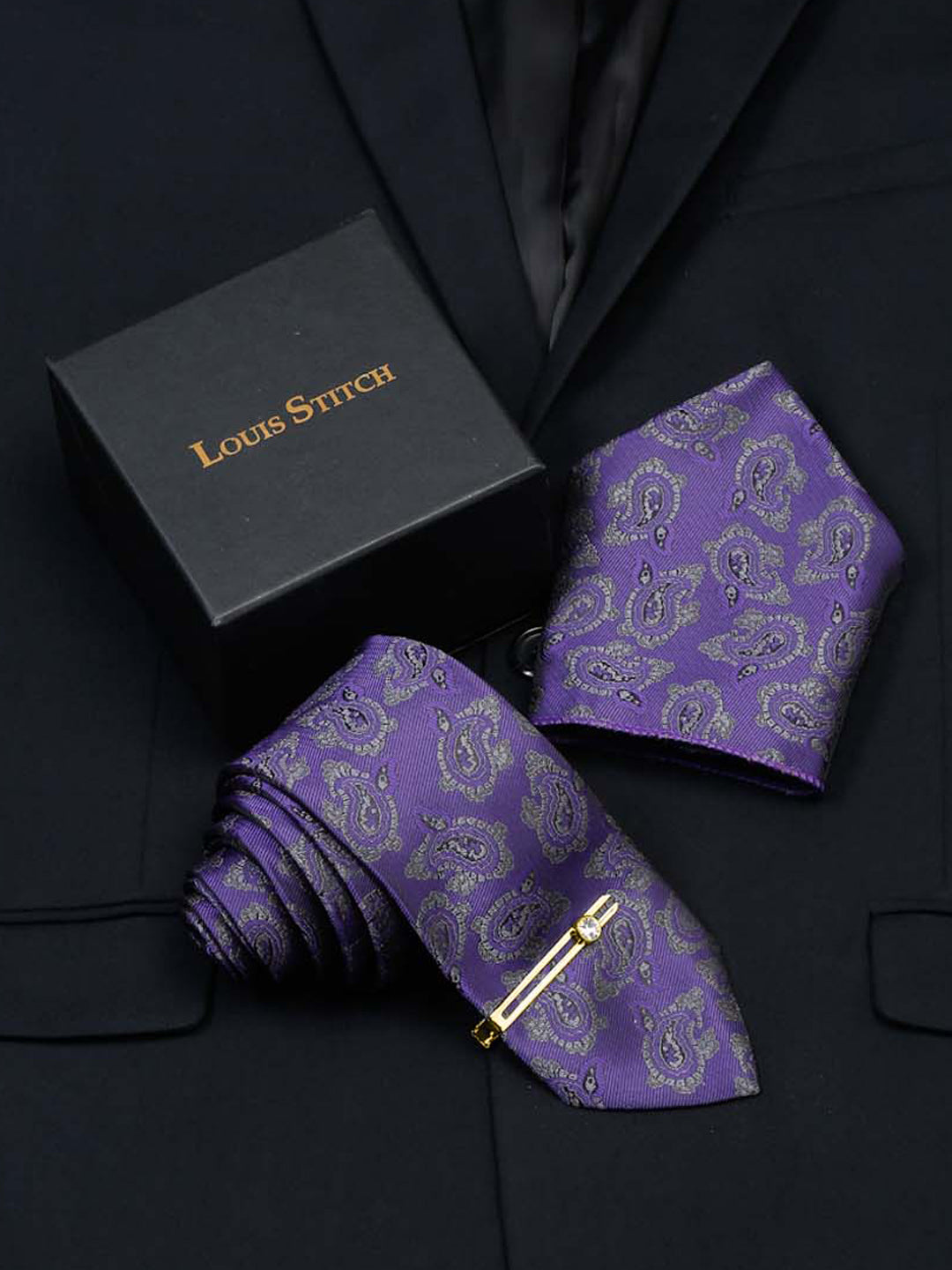 Iris Purple Luxury Italian Silk Necktie Set With Pocket Square Gold Tie pin