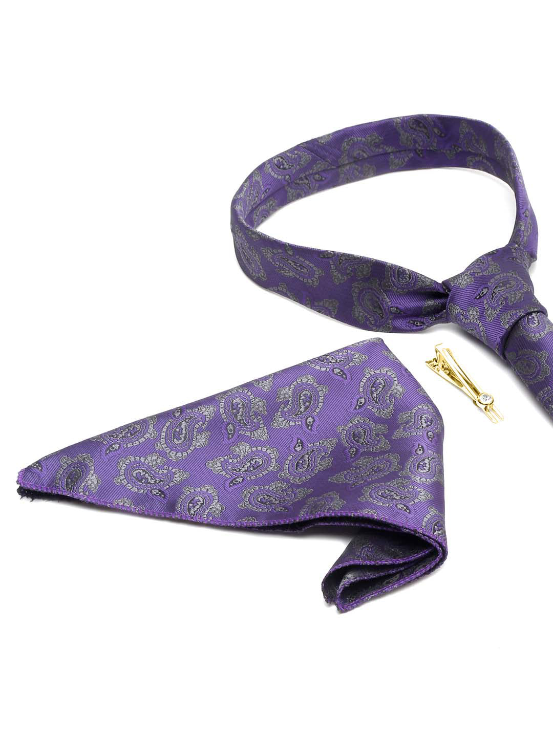 Iris Purple Luxury Italian Silk Necktie Set With Pocket Square Gold Tie pin