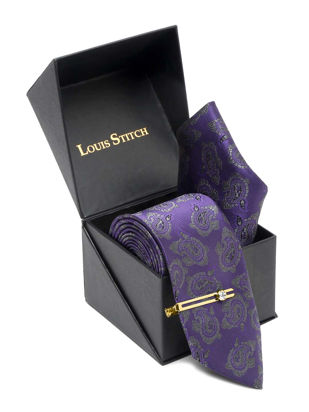 Iris Purple Luxury Italian Silk Necktie Set With Pocket Square Gold Tie pin