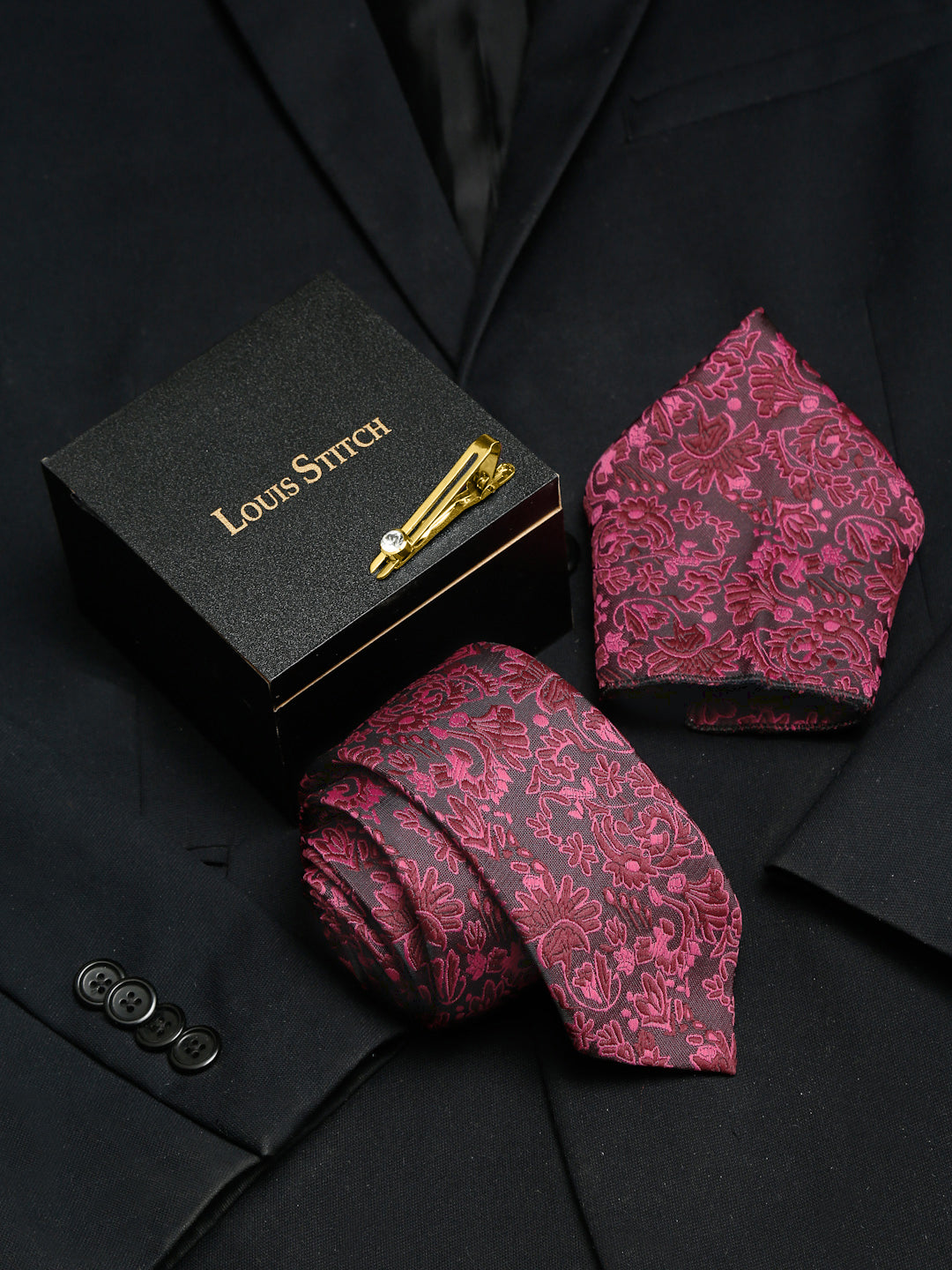 Burgundy Luxury Italian Silk Necktie Set With Pocket Square Gold Tie pin