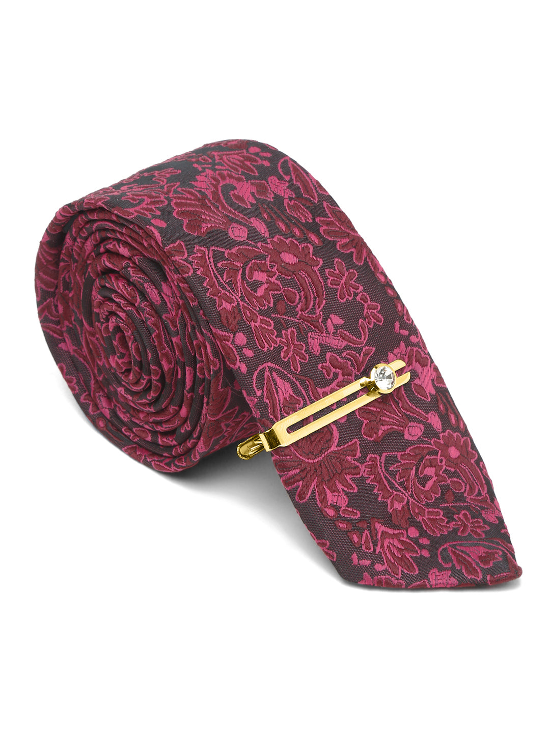 Burgundy Luxury Italian Silk Necktie Set With Pocket Square Gold Tie pin