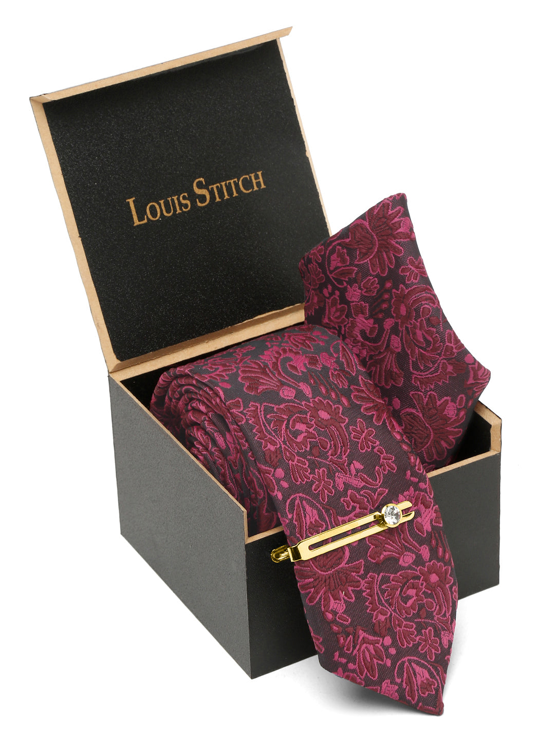 Burgundy Luxury Italian Silk Necktie Set With Pocket Square Gold Tie pin