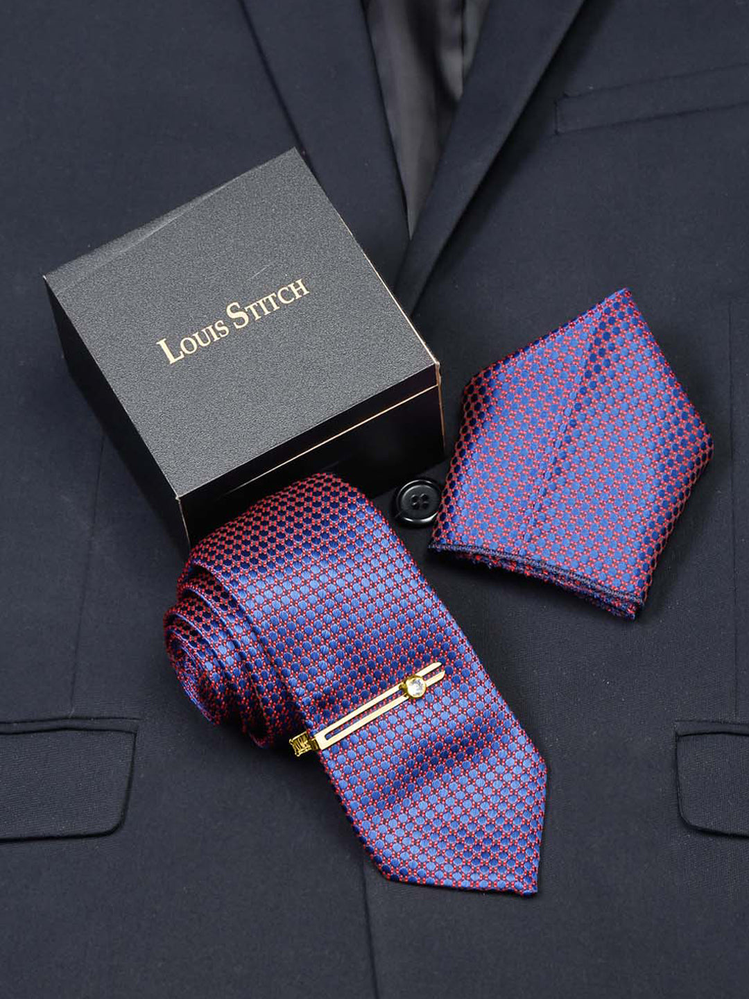 Dark Purple Luxury Italian Silk Necktie Set With Pocket Square Gold Tie pin