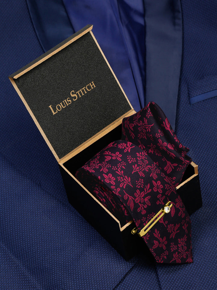  Rasin Pink Luxury Italian Silk Necktie Set With Pocket Square Gold Tie pin