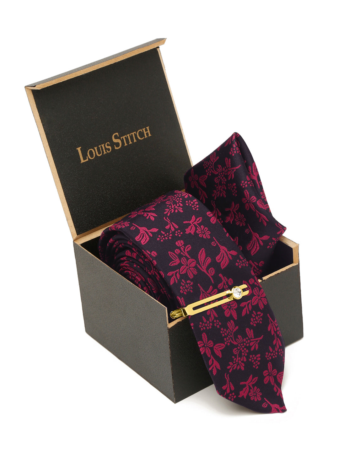 Rasin Pink Luxury Italian Silk Necktie Set With Pocket Square Gold Tie pin