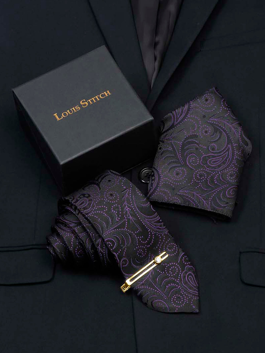 Heather Purple Luxury Italian Silk Necktie Set With Pocket Square Gold Tie pin