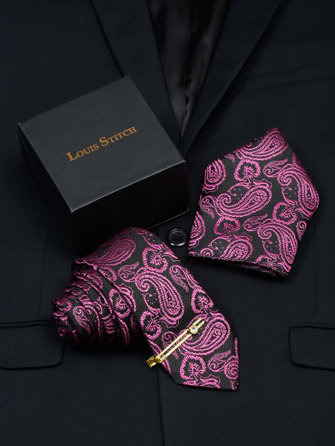 Orchid Purple Luxury Italian Silk Necktie Set With Pocket Square Gold Tie pin