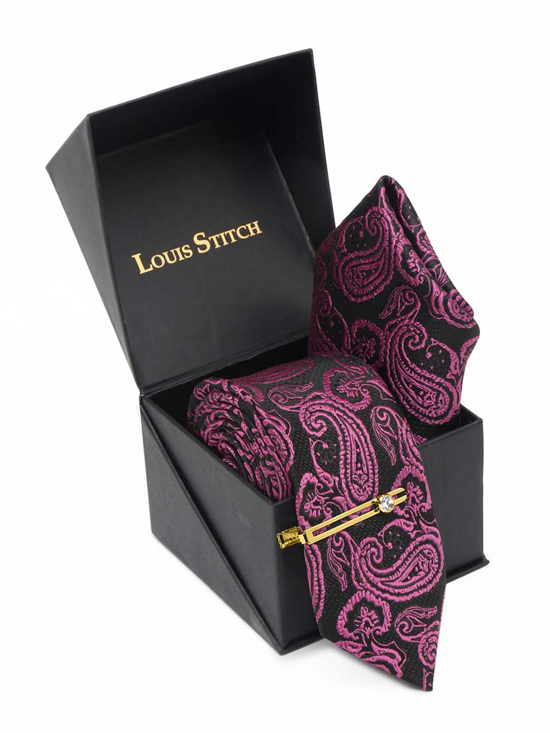 Orchid Purple Luxury Italian Silk Necktie Set With Pocket Square Gold Tie pin