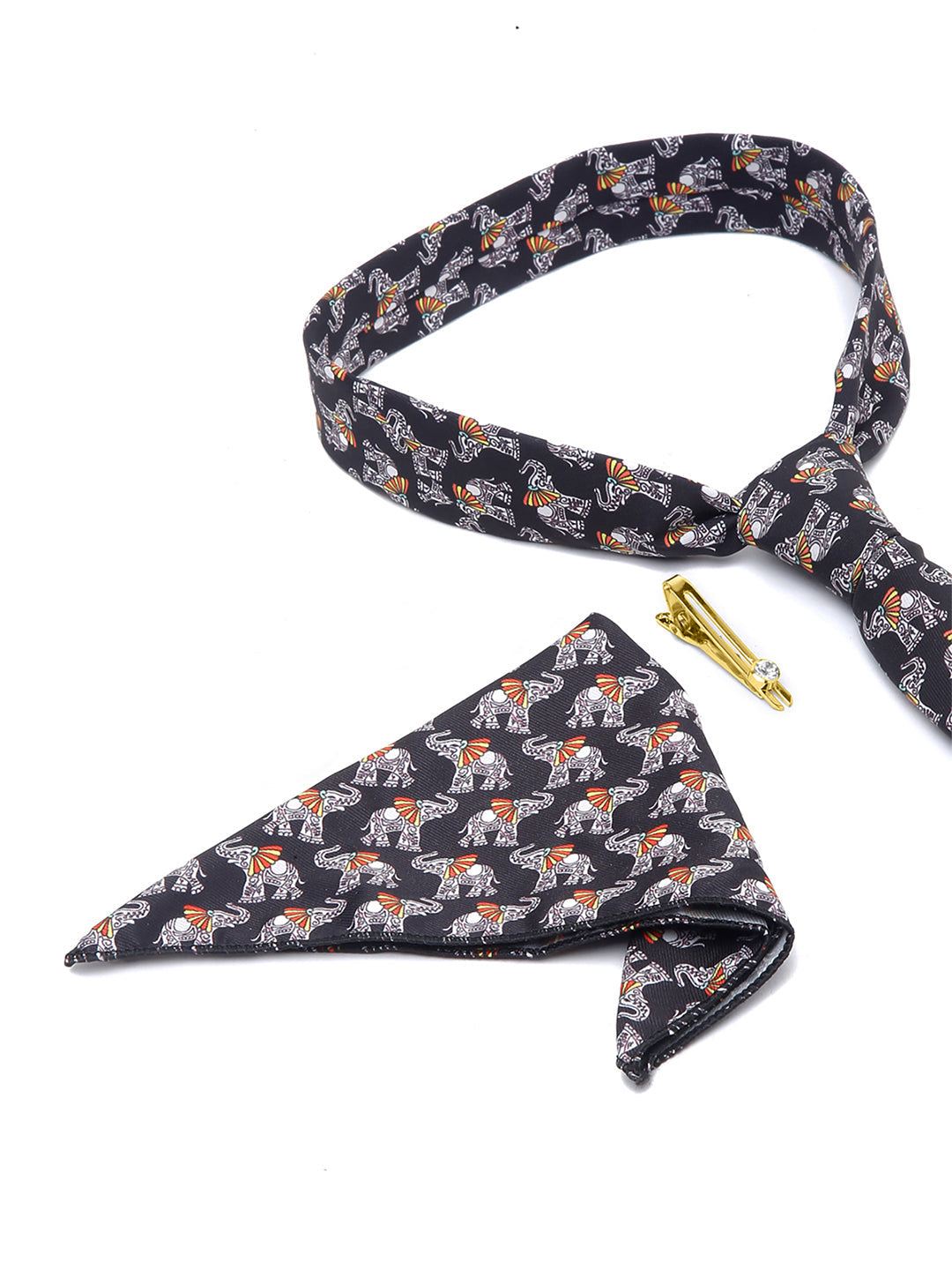 Raven Black Luxury Italian Silk Necktie Set With Pocket Square Golden Tie Pin