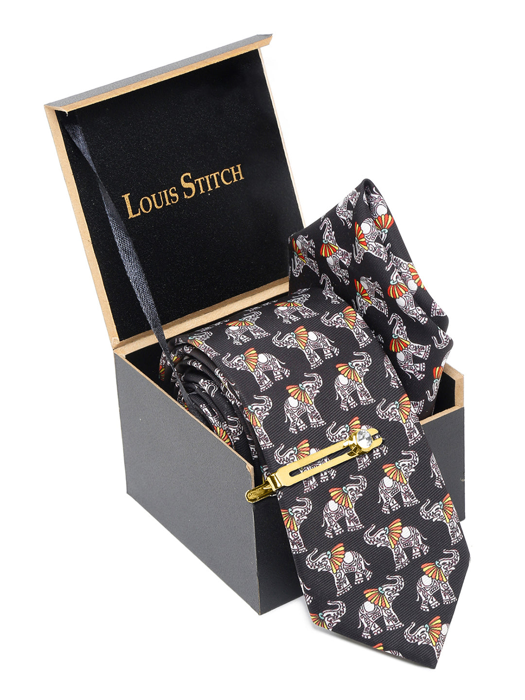 Raven Black Luxury Italian Silk Necktie Set With Pocket Square Golden Tie Pin