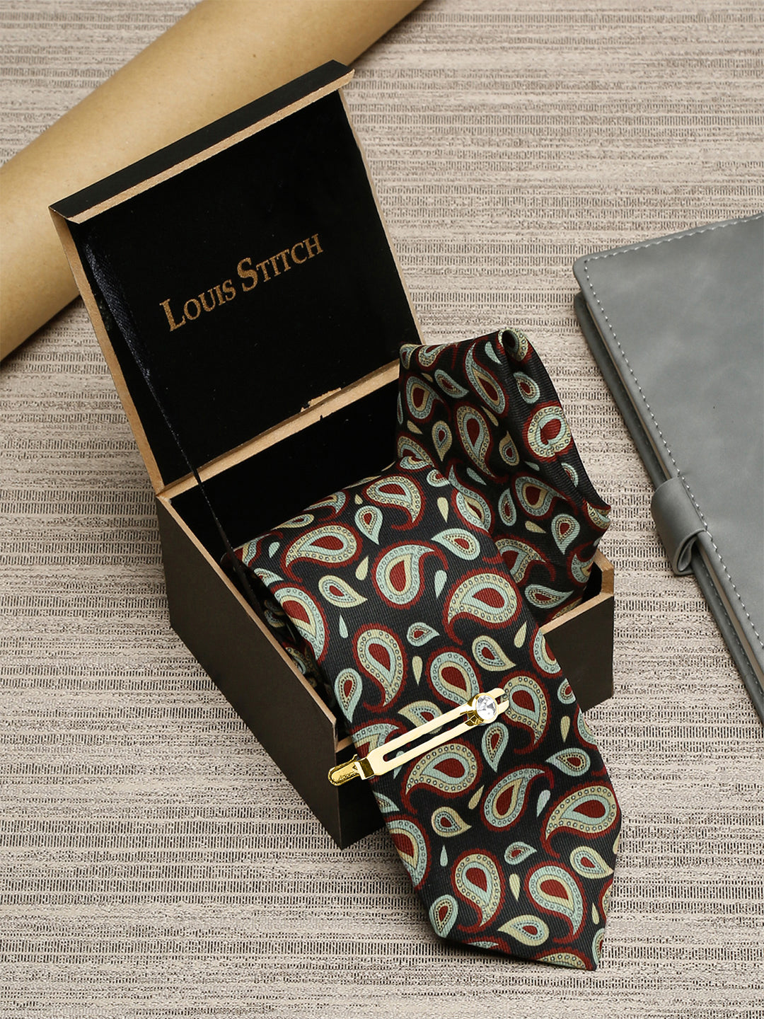 Sable Black Luxury Italian Silk Necktie Set With Pocket Square Golden Tie Pin