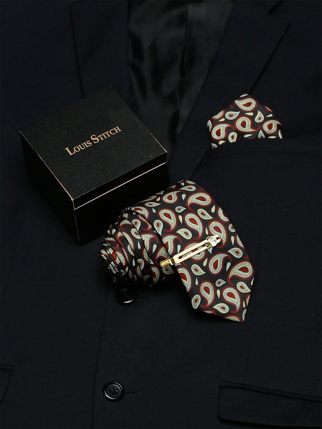 Sable Black Luxury Italian Silk Necktie Set With Pocket Square Golden Tie Pin