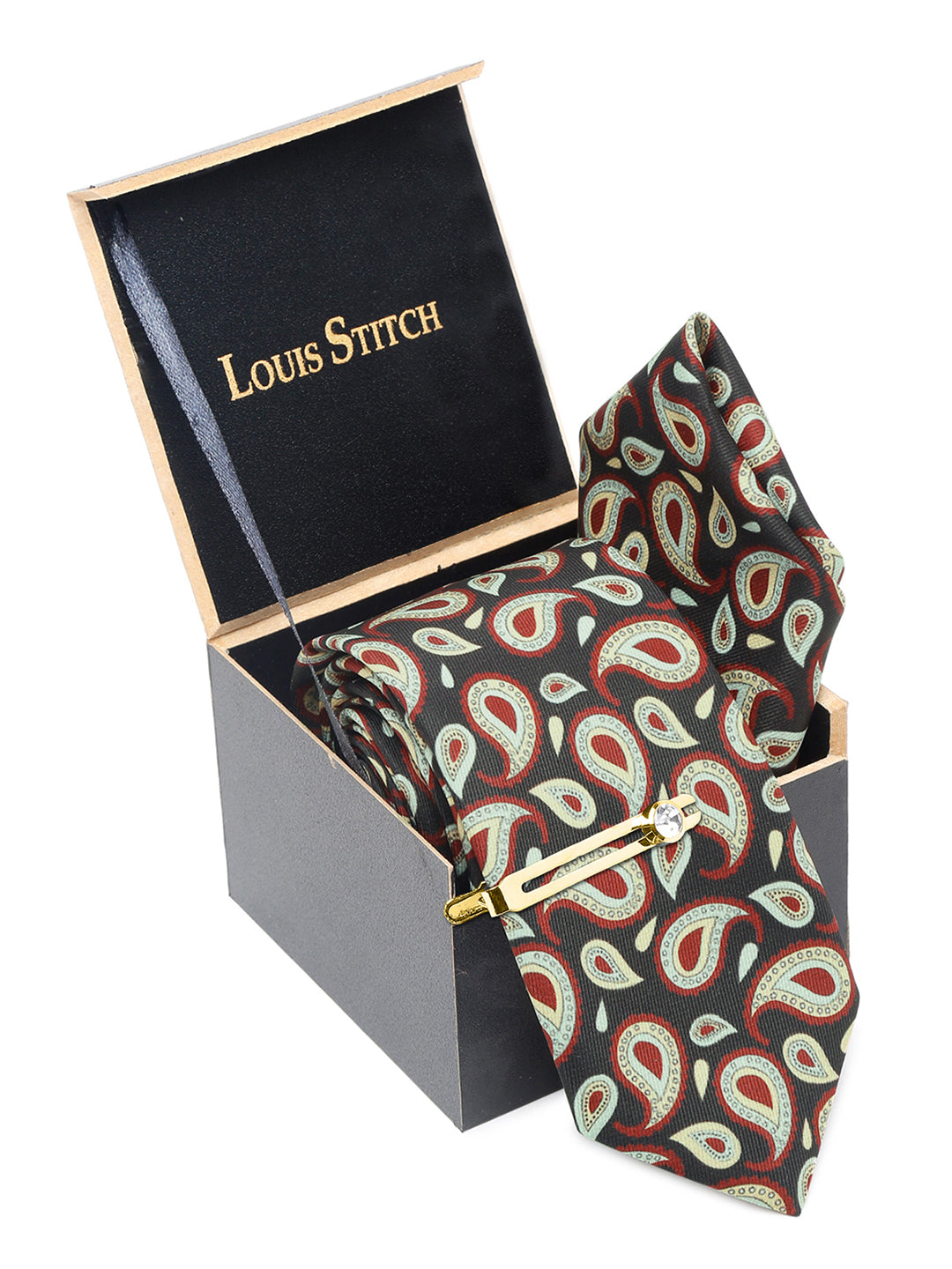 Sable Black Luxury Italian Silk Necktie Set With Pocket Square Golden Tie Pin