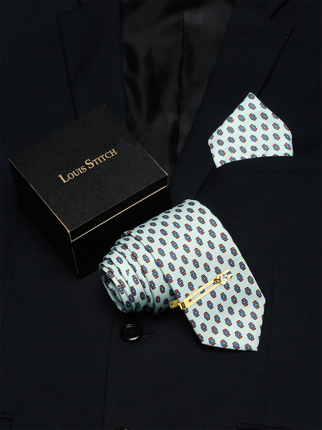 Electric Blue Luxury Italian Silk Necktie Set With Pocket Square Golden Tie Pin