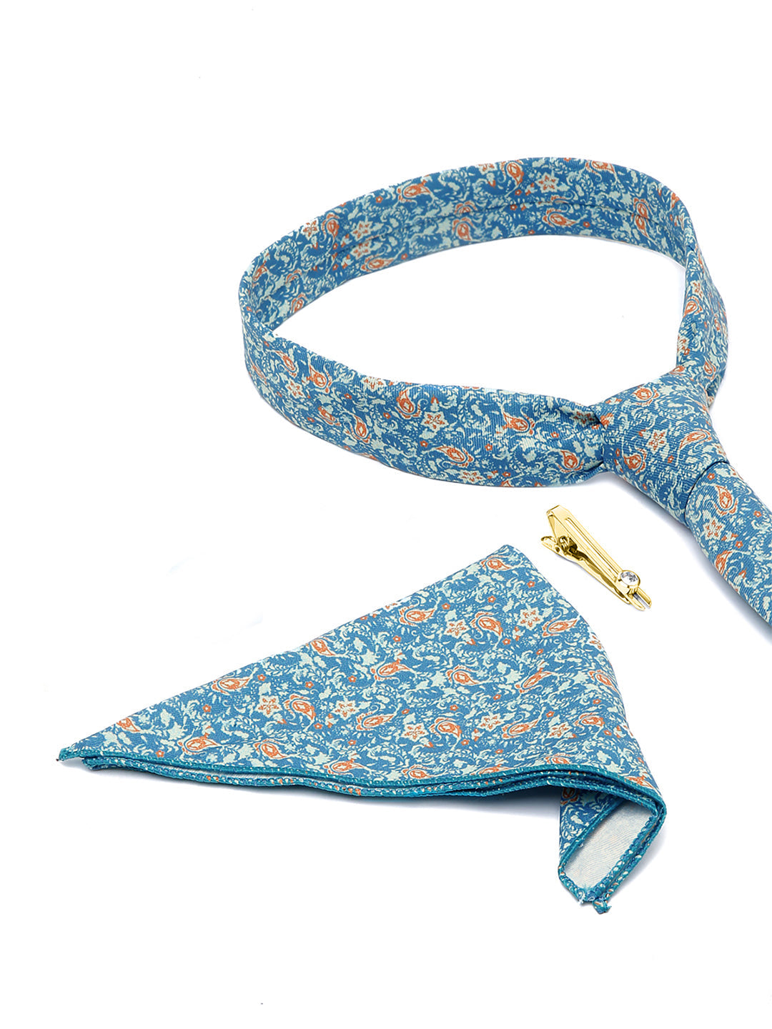 Baby Blue Luxury Italian Silk Necktie Set With Pocket Square Golden Tie Pin