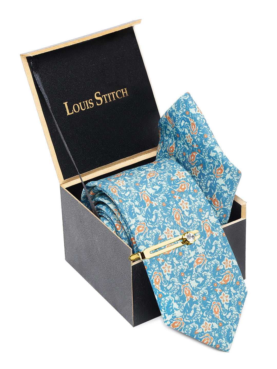 Baby Blue Luxury Italian Silk Necktie Set With Pocket Square Golden Tie Pin