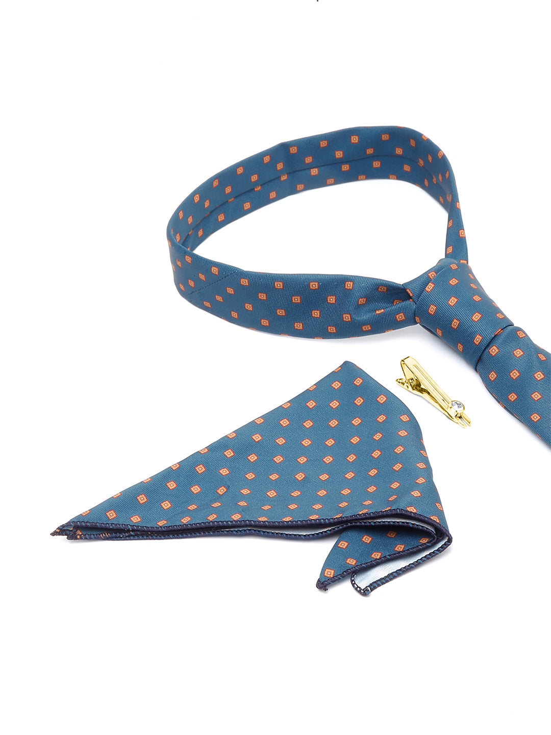 Cerulean Blue Luxury Italian Silk Necktie Set With Pocket Square Golden Tie Pin