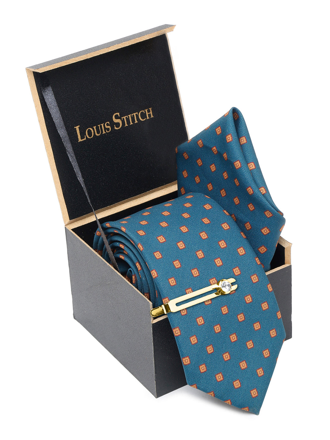 Cerulean Blue Luxury Italian Silk Necktie Set With Pocket Square Golden Tie Pin