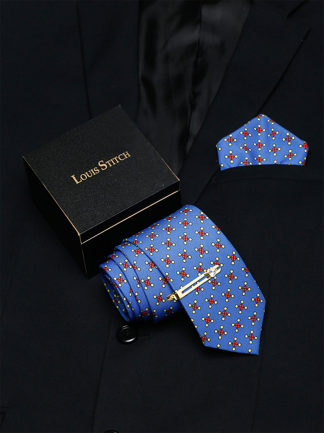 Cornflower Blue Luxury Italian Silk Necktie Set With Pocket Square Golden Tie Pin