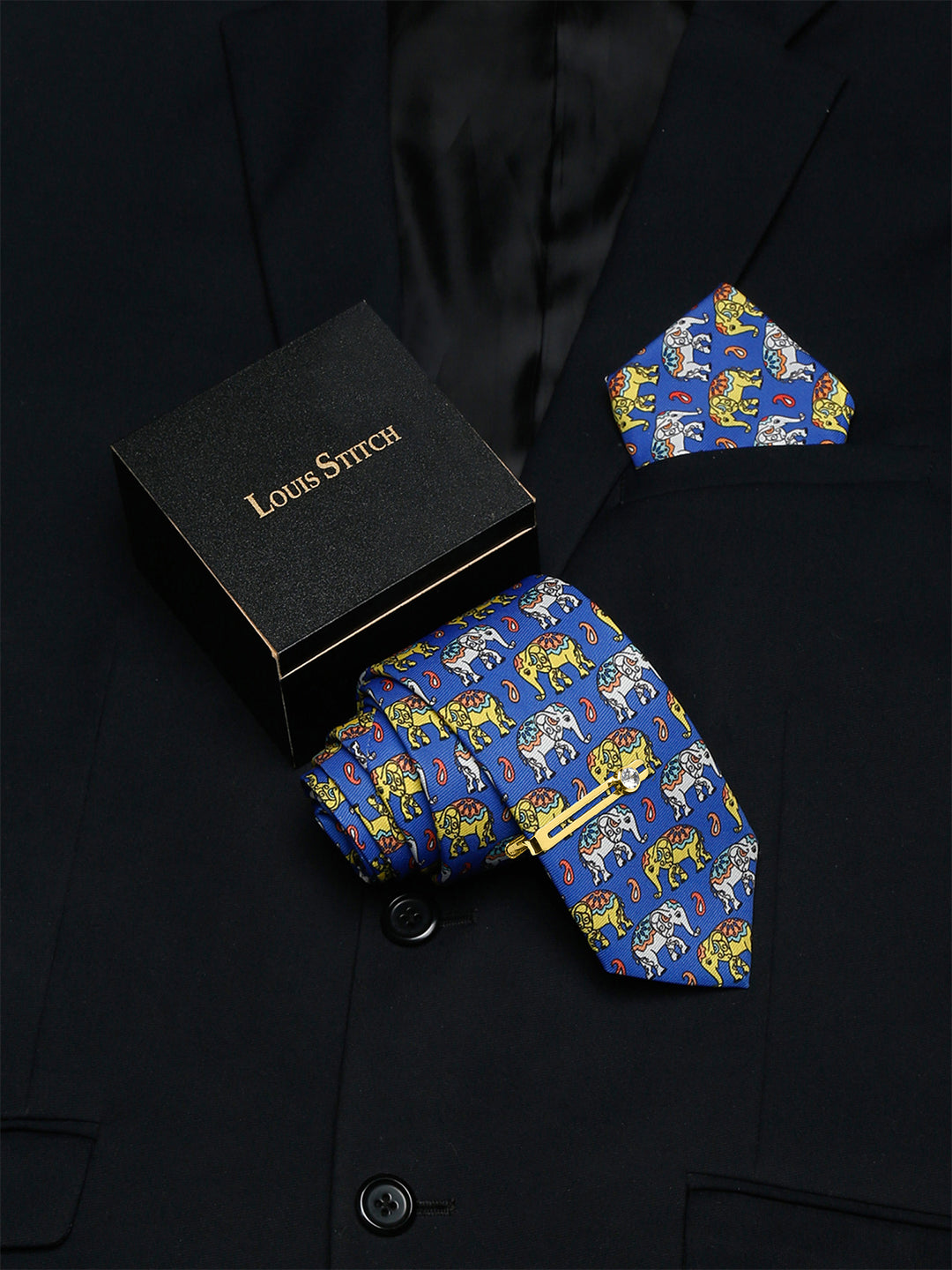 Dodger Blue Luxury Italian Silk Necktie Set With Pocket Square Golden Tie Pin