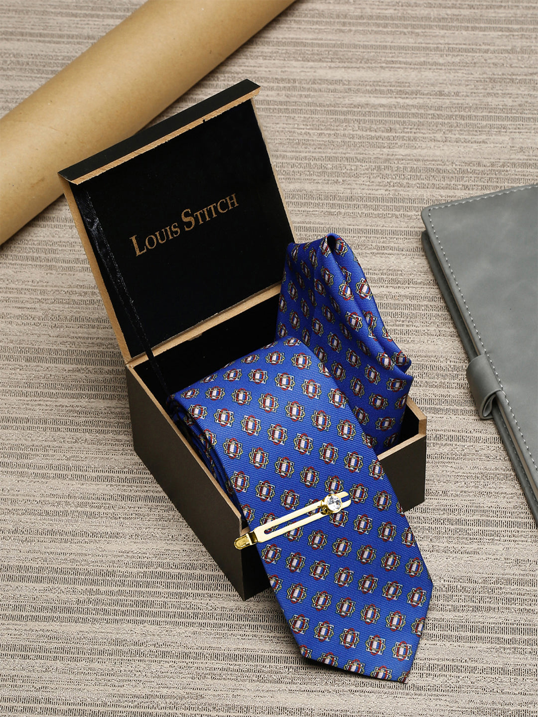 Brandeis Blue Luxury Italian Silk Necktie Set With Pocket Square Golden Tie Pin