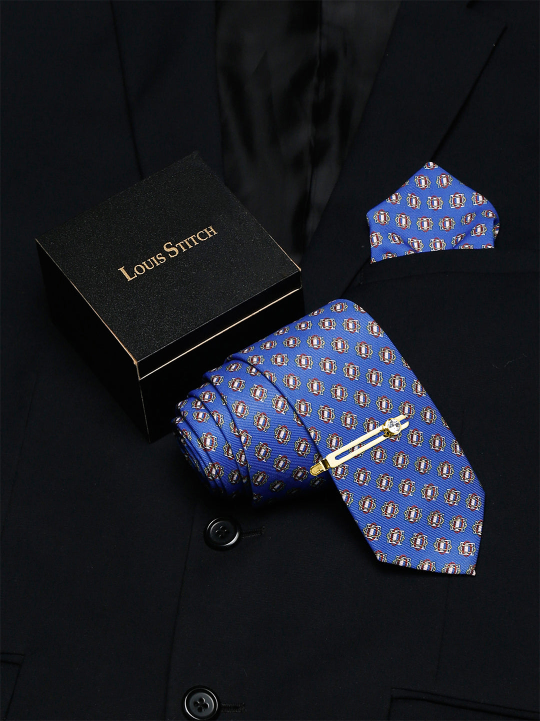 Brandeis Blue Luxury Italian Silk Necktie Set With Pocket Square Golden Tie Pin