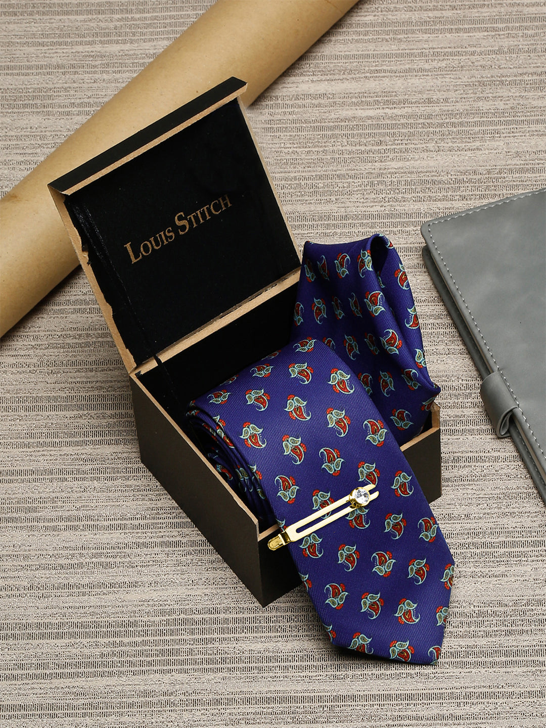 Royal Blue Luxury Italian Silk Necktie Set With Pocket Square Golden Tie Pin