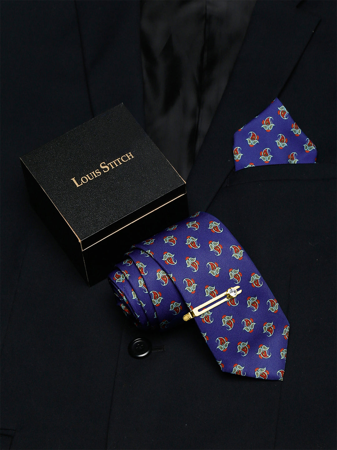 Royal Blue Luxury Italian Silk Necktie Set With Pocket Square Golden Tie Pin