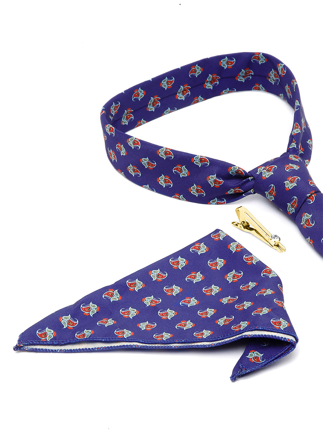 Royal Blue Luxury Italian Silk Necktie Set With Pocket Square Golden Tie Pin