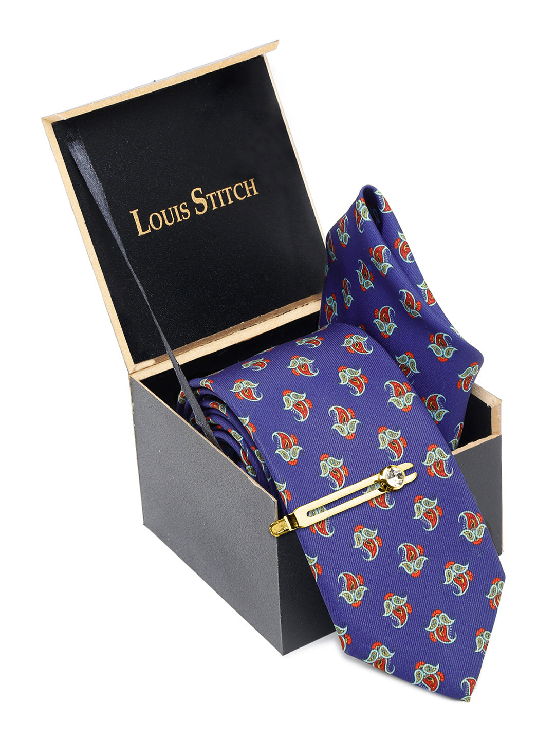 Royal Blue Luxury Italian Silk Necktie Set With Pocket Square Golden Tie Pin