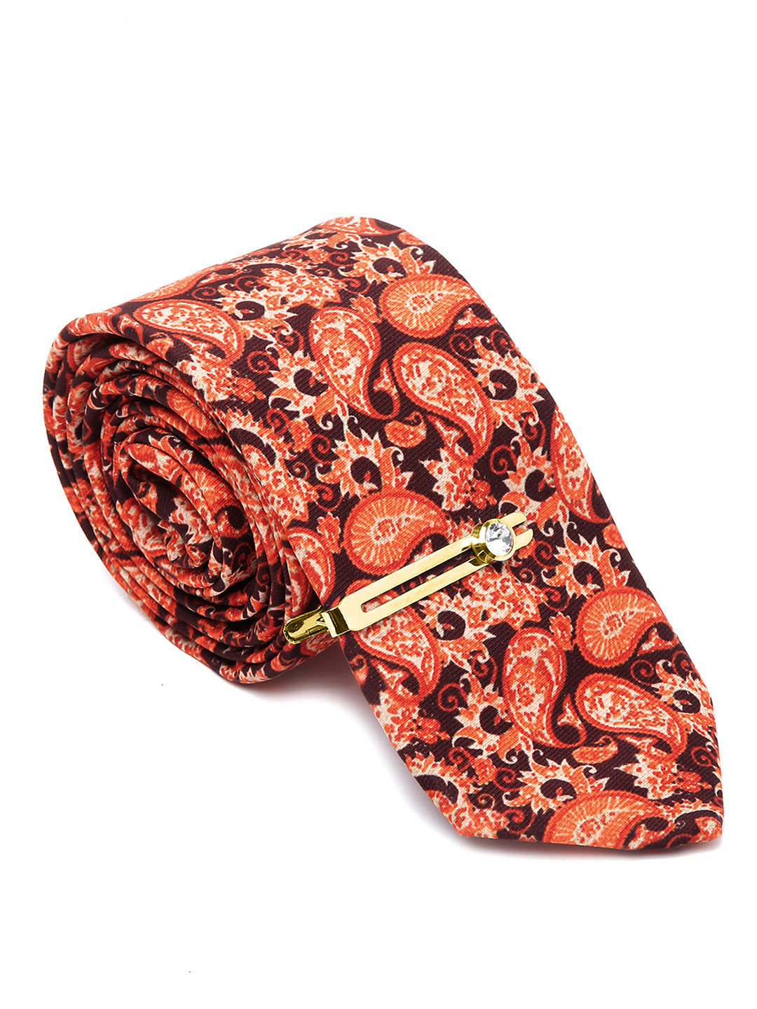 International Orange Luxury Italian Silk Necktie Set With Pocket Square Golden Tie Pin